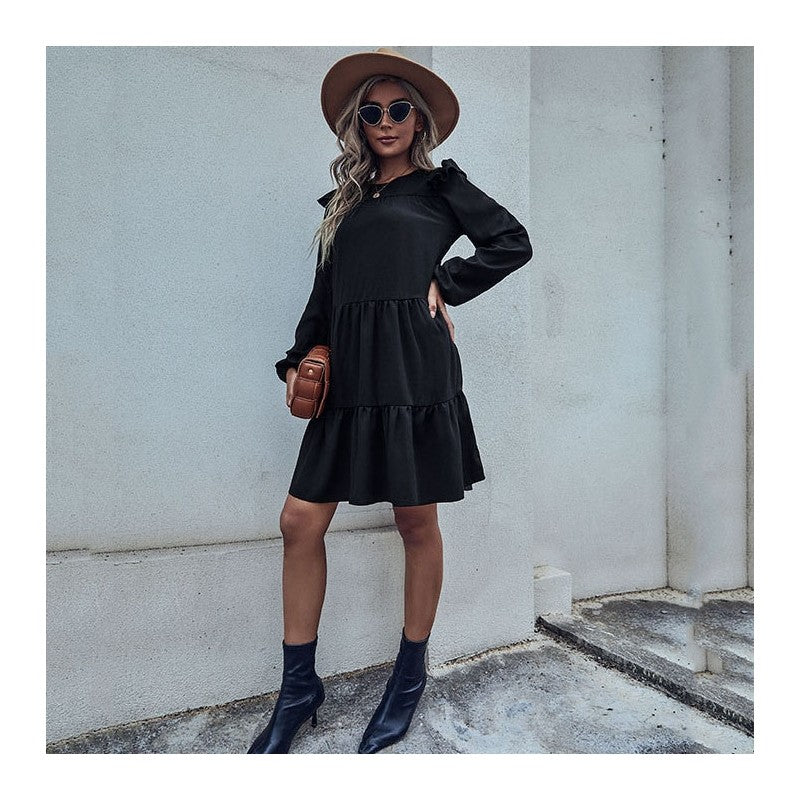 Long Sleeve Black Loose Hepburn Style Dress