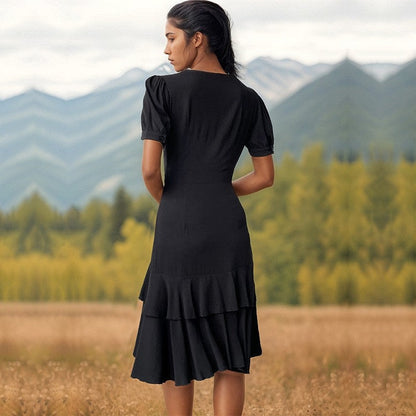 Solid Color Short-Sleeved Sexy V-Neck Irregular Slim Dress