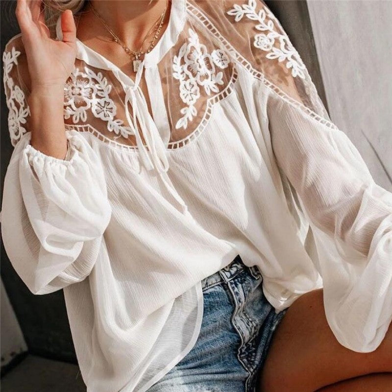 Loose Plain Hollow Long Sleeve Chiffon Blouse