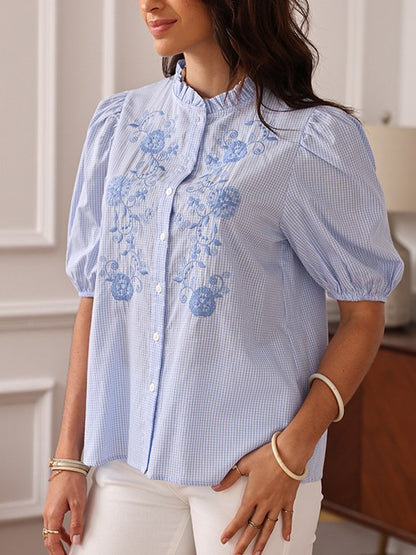Plaid Floral Embroidered Ruffled  Shirt