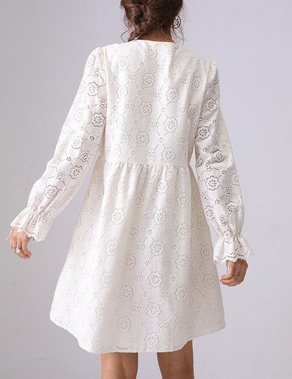 Hollow Lace Ruffle V-Neck Mini Dress