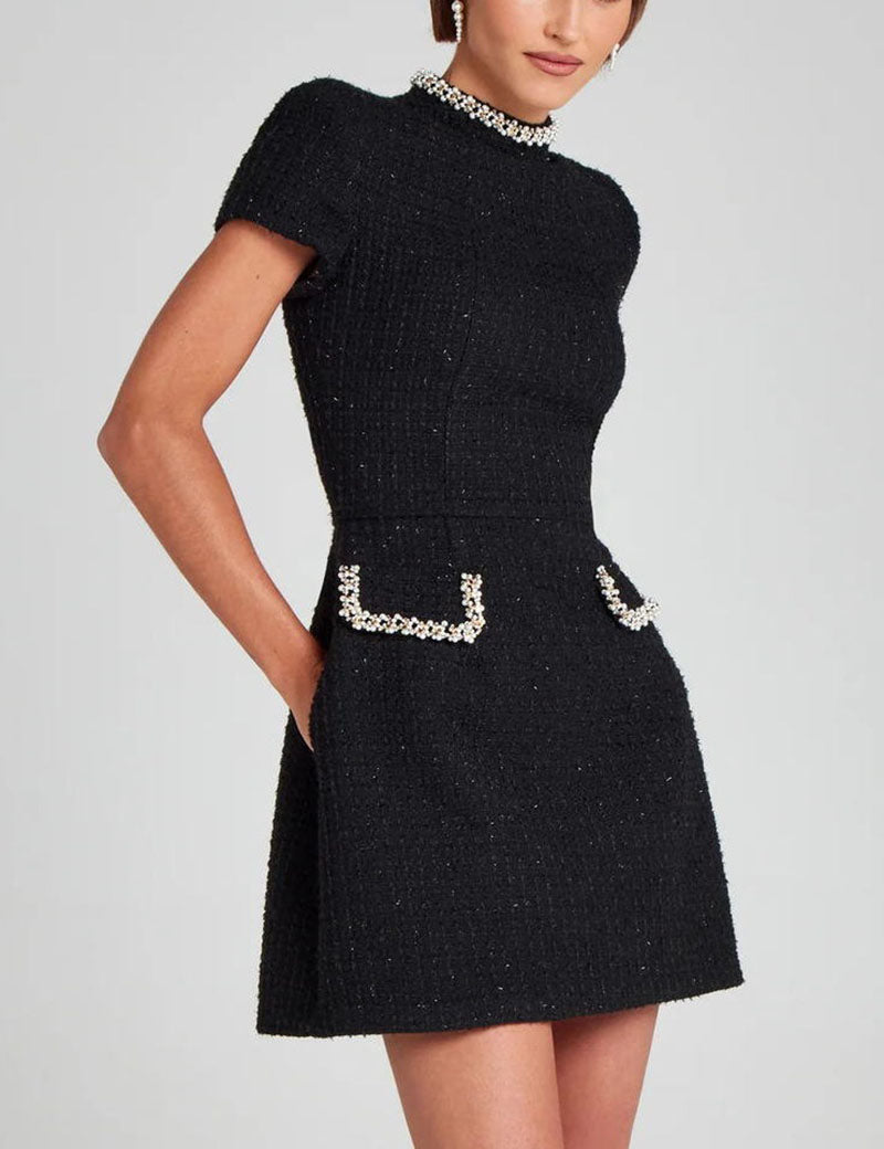 Pearl-Trimmed Slim Tweed Mini Dress