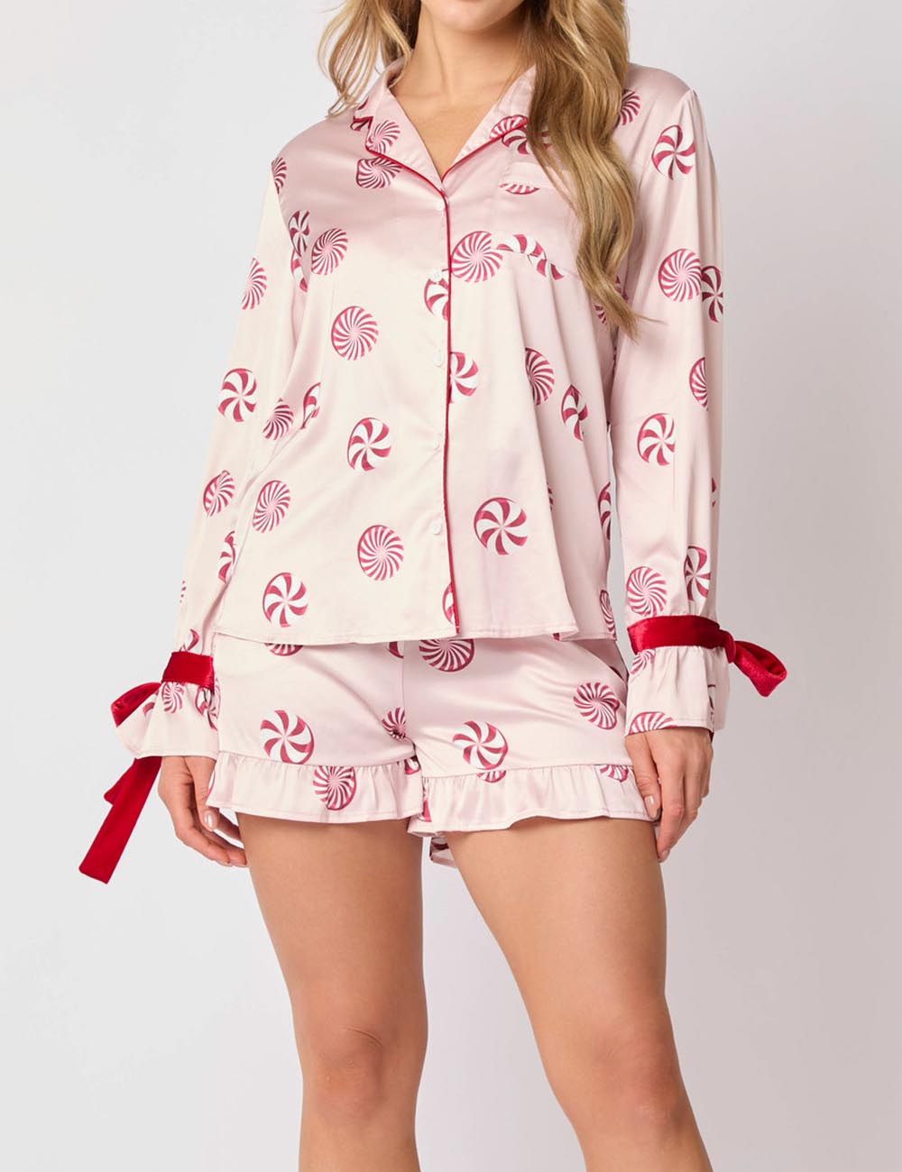 2 Pcs Cute Flower Print Satin Ruffled Pajamas Set
