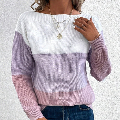Knitted Sweater Color Block Round Neck Long Sleeve