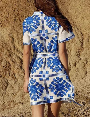 Trendy Print Button Down Tie Waist Dress