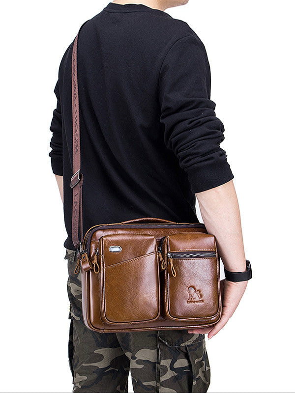 Men Zipper Leather Solid Multi-layer Pocket Crossbody Bag