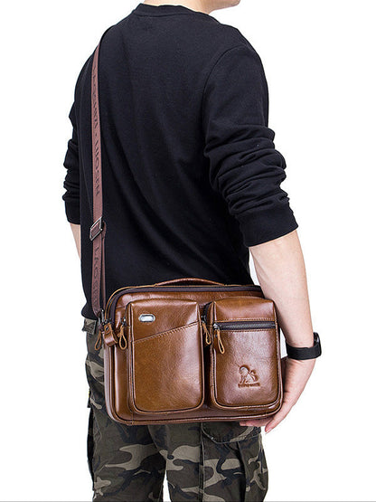 Men Zipper Leather Solid Multi-layer Pocket Crossbody Bag