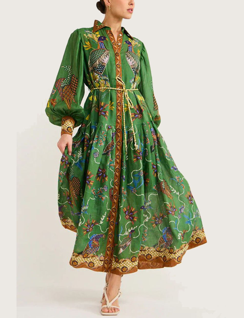 Peacock Print Lapel Buttons Maxi Dresses