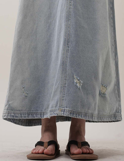 Ripped Washed Sleeveless V-Neck Denim Midi Dresses