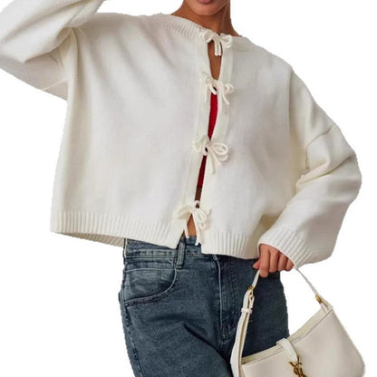 Round Neck Tie Front Long Sleeve Cardigan