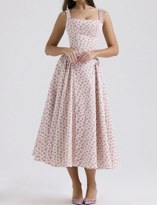 Flower Print Square Collar Spaghetti Dress