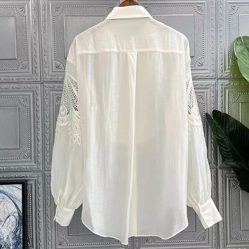 Solid Color Long Sleeves Lapel Embroidery Casual Loose Blouse