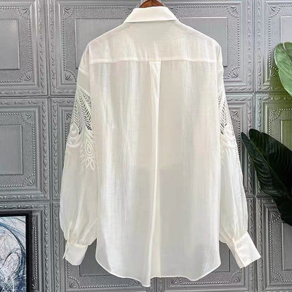 Solid Color Long Sleeves Lapel Embroidery Casual Loose Blouse