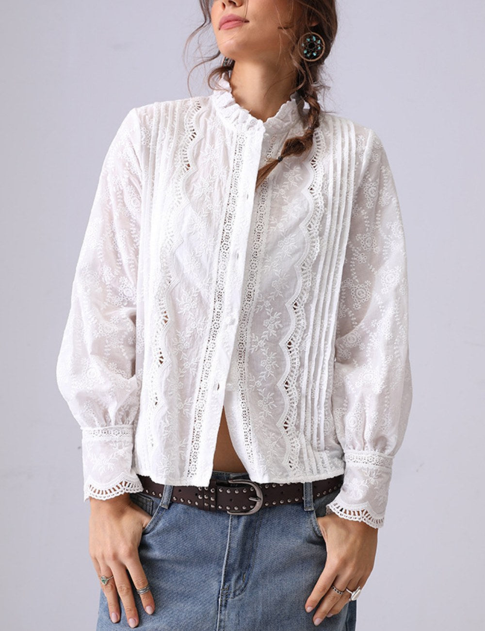 Embroidered Lace Ruffled Button Down Shirt