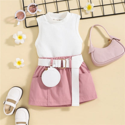 Crewneck Sleeveless Ribbed Vest And Skirt And Belted Waist Bag Three Pieces Suits
