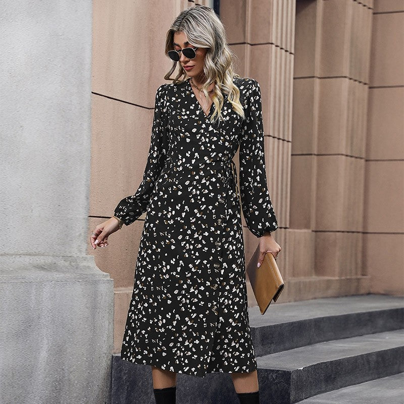 Black V-Neck Waisted Lantern Sleeve Printed Dress