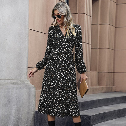 Black V-Neck Waisted Lantern Sleeve Printed Dress