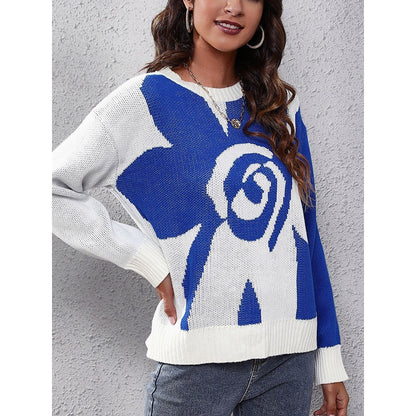 Long Sleeves Loose Contrast Color Split-Joint Round-Neck Sweater