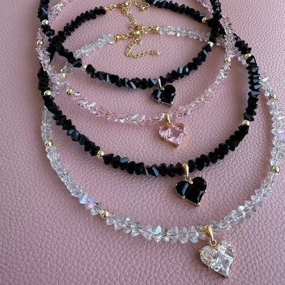 Crystal Beaded Heart Pendant Choker Necklace