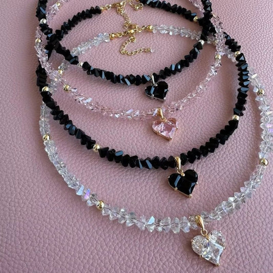 Crystal Beaded Heart Pendant Choker Necklace