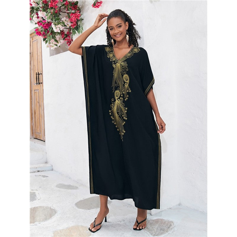Half-Sleeve V-Neck Embroidered Beach Cover-Up