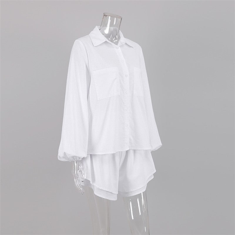 Solid Color Long Sleeve Top With Ruffle Hem Shorts Set