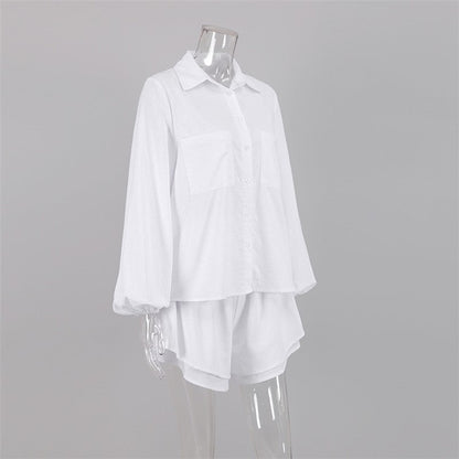 Solid Color Long Sleeve Top With Ruffle Hem Shorts Set