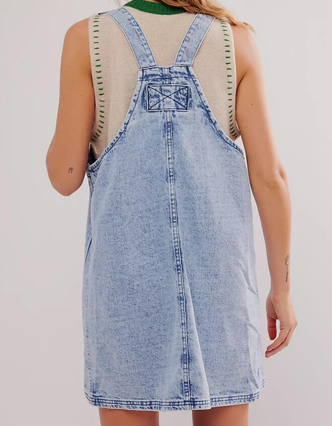 Washed Pockets Denim Mini Overalls Dress