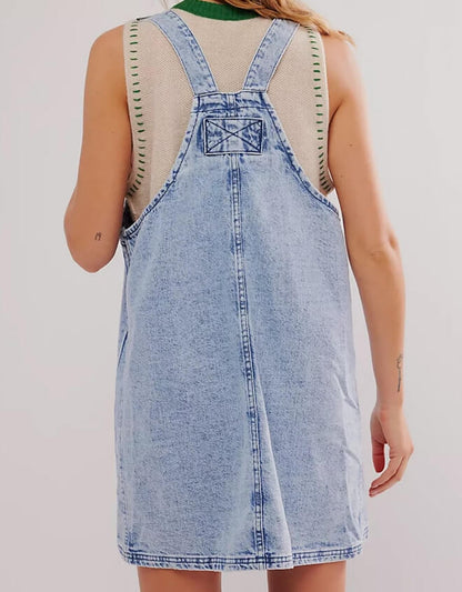 Washed Pockets Denim Mini Overalls Dress