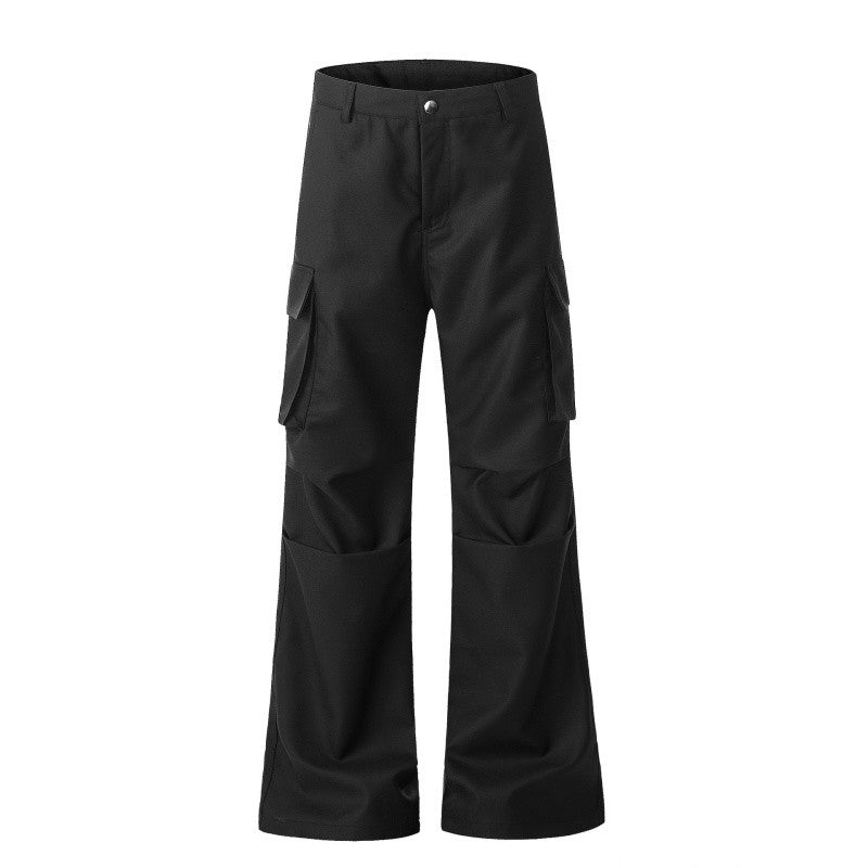 Multi-Pocket Pleated Flare Trousers Unisex Utility Style