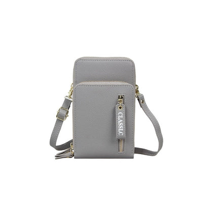 PU Leather Solid Color Double Layer Zippers Large Capacity Multifunctional Cell Phone Purse Crossbody Bag