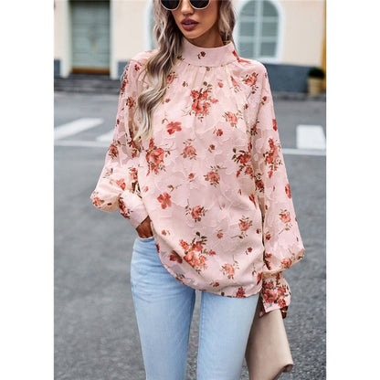 Long Sleeves Half Turtleneck Bandage Floral Printed Blouse