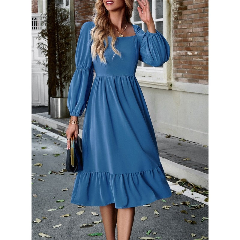 Solid Color Square Neck Ruffle Skirt Waisted Long-Sleeved Dress