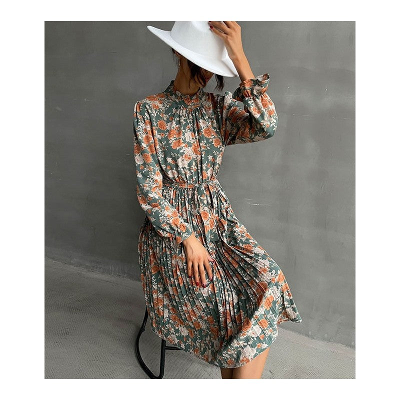 Printed Belted Half Turtleneck Dress With Petal Sleeves