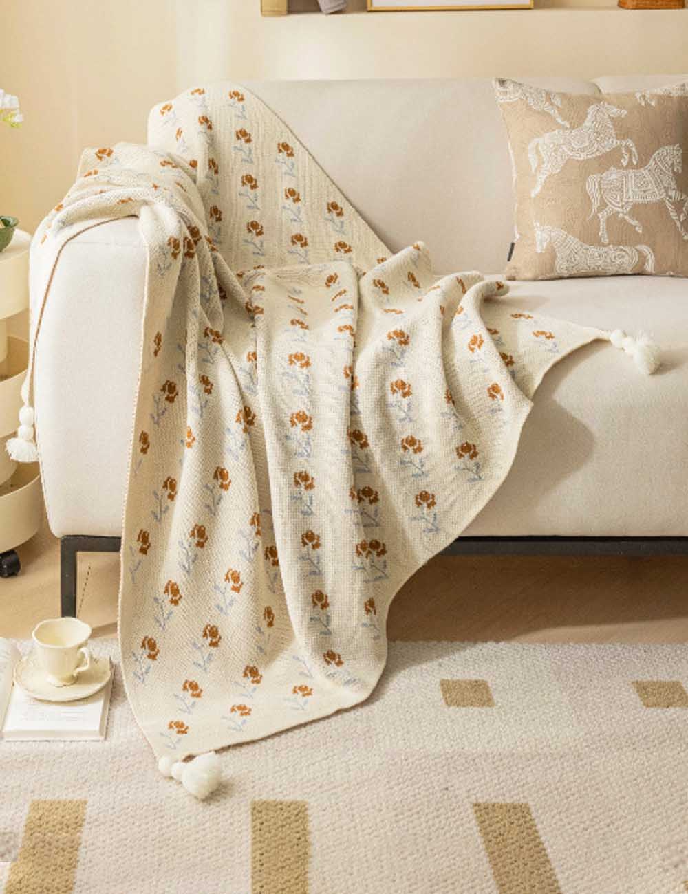 Elegant Floral Print Knit Soft Throw Blanket