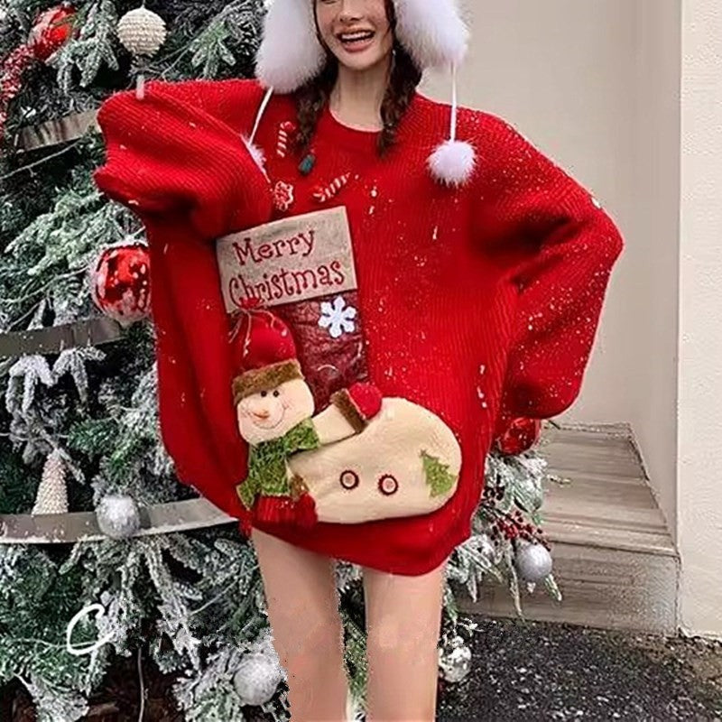 Christmas Red Knit Sweater Socks Snowman Doll