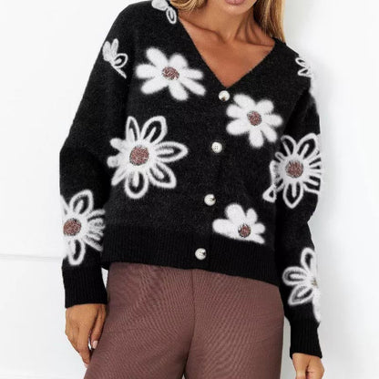 Jacquard V-Neck Button Down Cropped Knit Cardigan