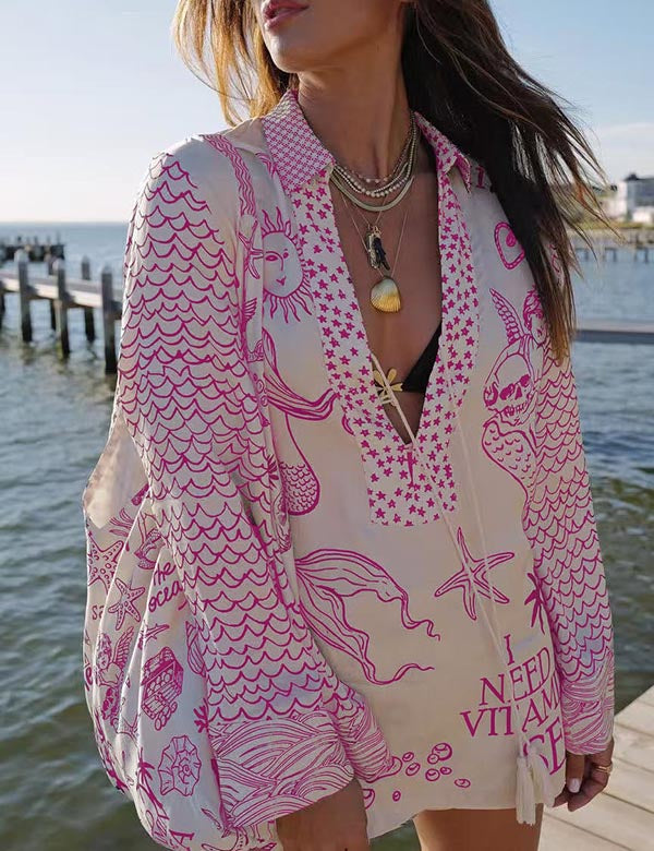 Casual Print Deep V-Neck Top Short Set