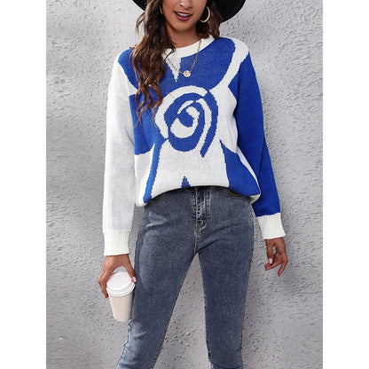 Long Sleeves Loose Contrast Color Split-Joint Round-Neck Sweater