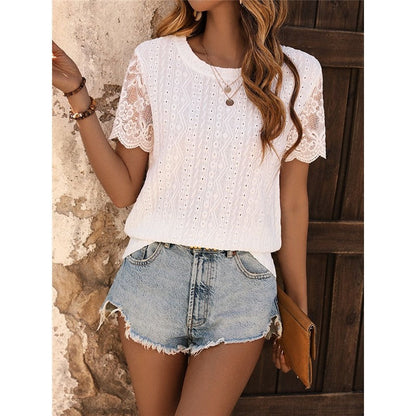 Summer Petal Sleeve Lace Stitching Solid Color Round Neck Pullover T-Shirt
