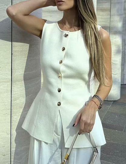 Round Neck Button Down Sleeveless Vest