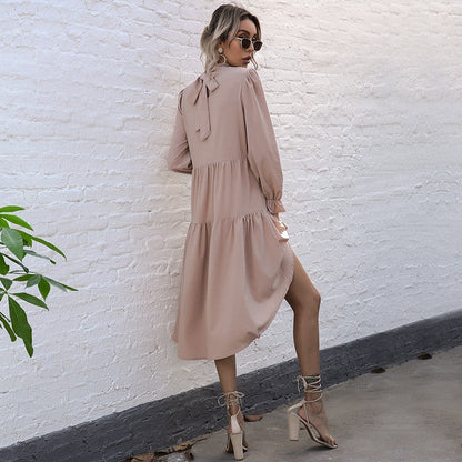 Solid Color Long Sleeve Irregular Half Turtleneck Dress