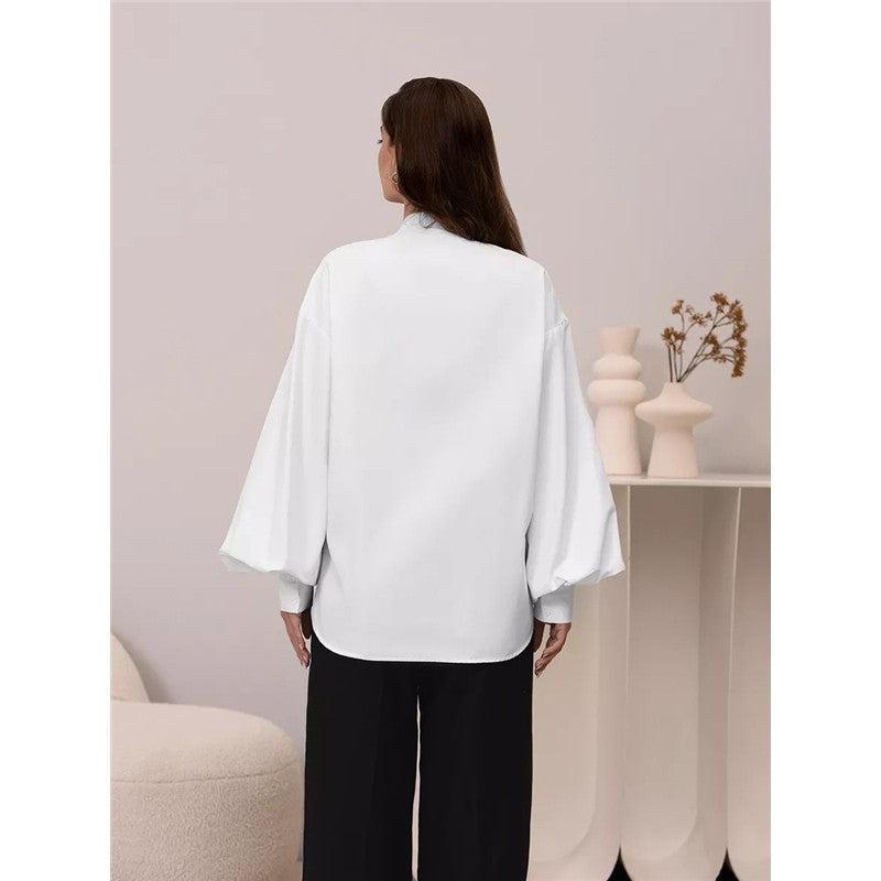 Solid Color Lapel Single Breasted Lantern Sleeves Blouse