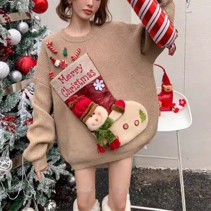 Christmas Red Knit Sweater Socks Snowman Doll