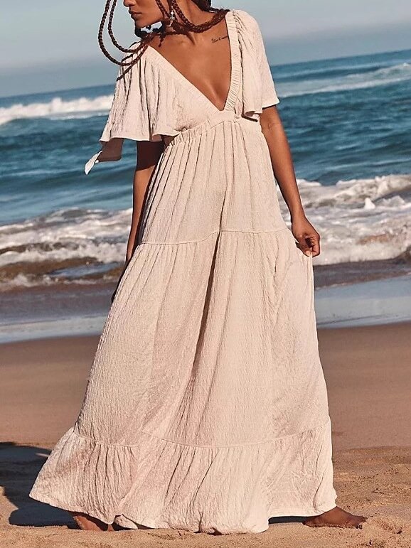 V-Neck Backless Short Sleeves Maxi Dress