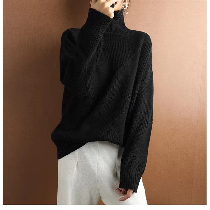 Fashion High Neck Diamond Texture Solid Color Pullover