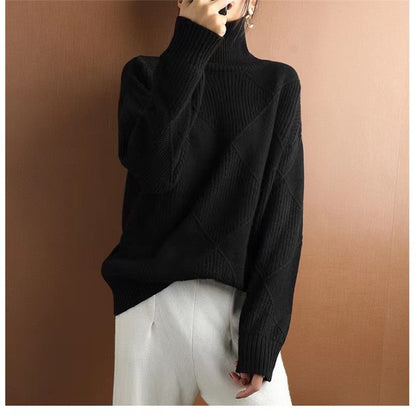 Fashion High Neck Diamond Texture Solid Color Pullover