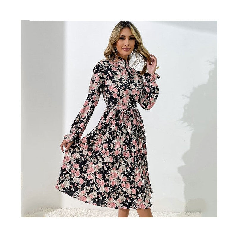 Printed Belted Half Turtleneck Dress With Petal Sleeves