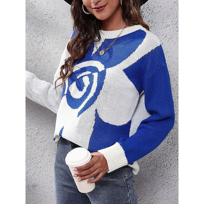 Long Sleeves Loose Contrast Color Split-Joint Round-Neck Sweater