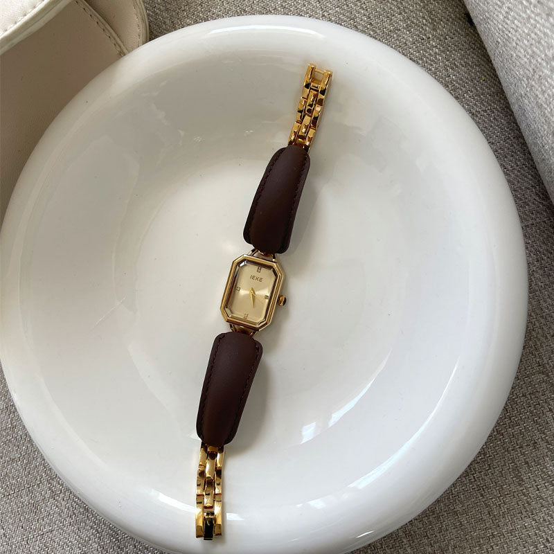 Elegant Square Dial Leather Bracelet Quartz Watch